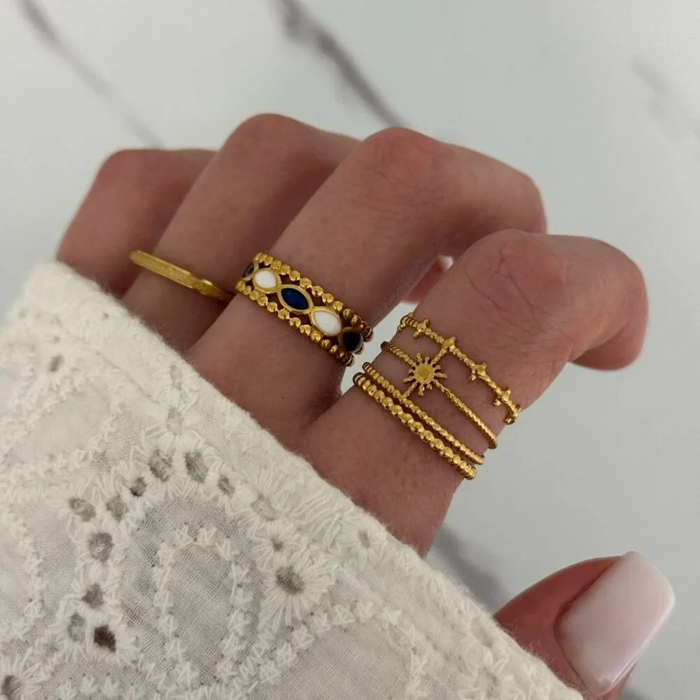 SKU:0157 set 3 gold blue white rings vintage style suitable for sizes from‎